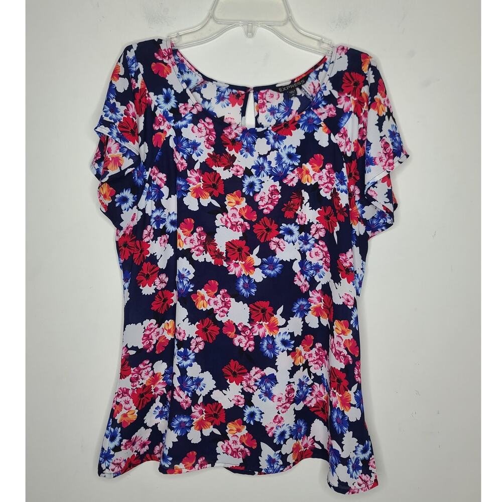 Express blue short sleeve floral blouse - medium